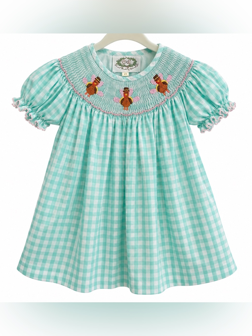 Cecil and Lou 2T Smocked Turkey Thanksgiving Appliqué Gingham Dress - Mint/White